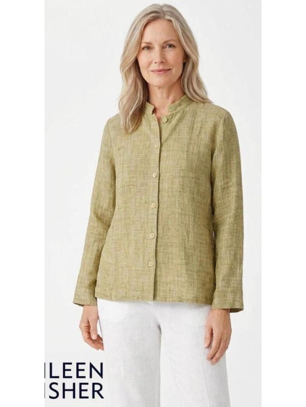 EILEEN FISHER sz 2X linen blend nehru collar jacket button front Green Tea Green